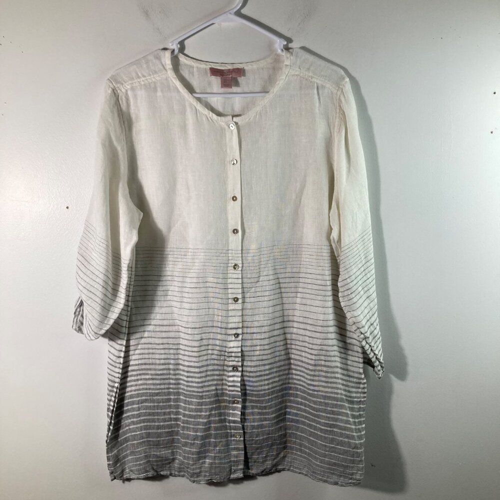 Womens St Tropez West Linen Button Shirt Striped Roll Sleeve L White Gray